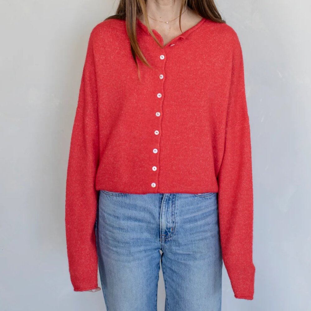 Red Button-Front Women’s Cardigan Sweater